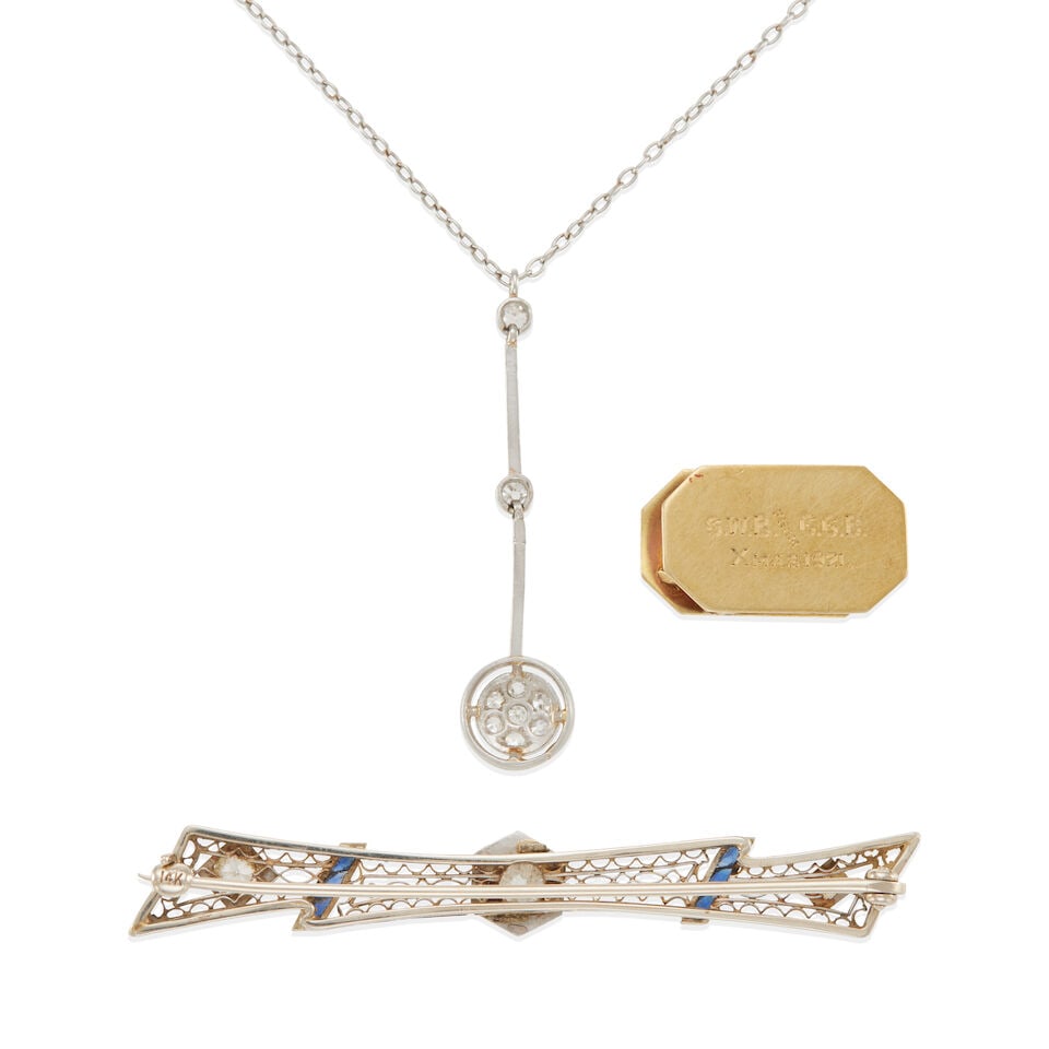 GROUP OF ANTIQUE PLATINUM, GOLD, DIAMOND AND SYNTHETIC SAPPHIRE JEWELRY - 2