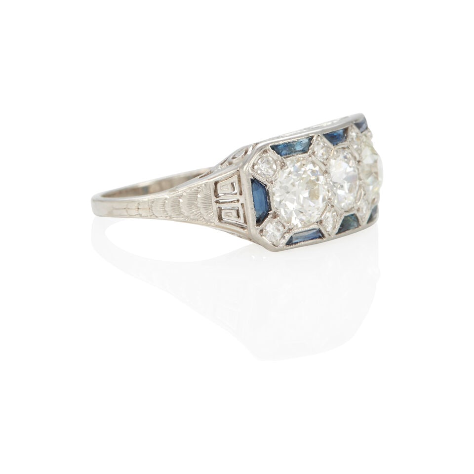 PLATINUM, DIAMOND, AND SYNTHETIC SAPPHIRE RING - 2