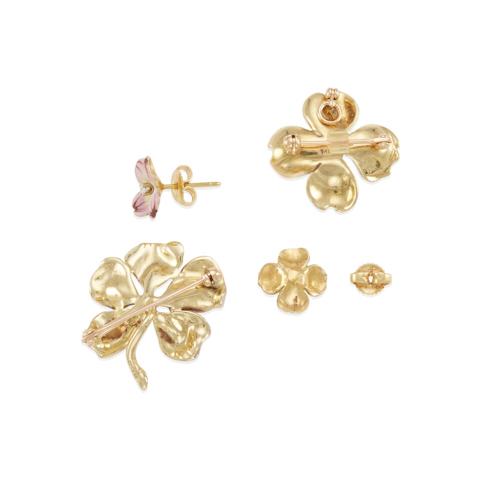 GROUP OF ART NOUVEAU GOLD, ENAMEL, DIAMOND, AND PEARL FLOWER JEWELRY - 2