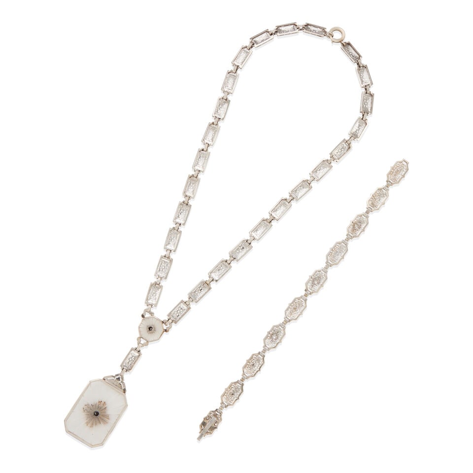 LATE ART DECO 14K WHITE GOLD, DIAMOND, AND ROCK CRYSTAL QUARTZ NECKLACE AND BRACELET - 2