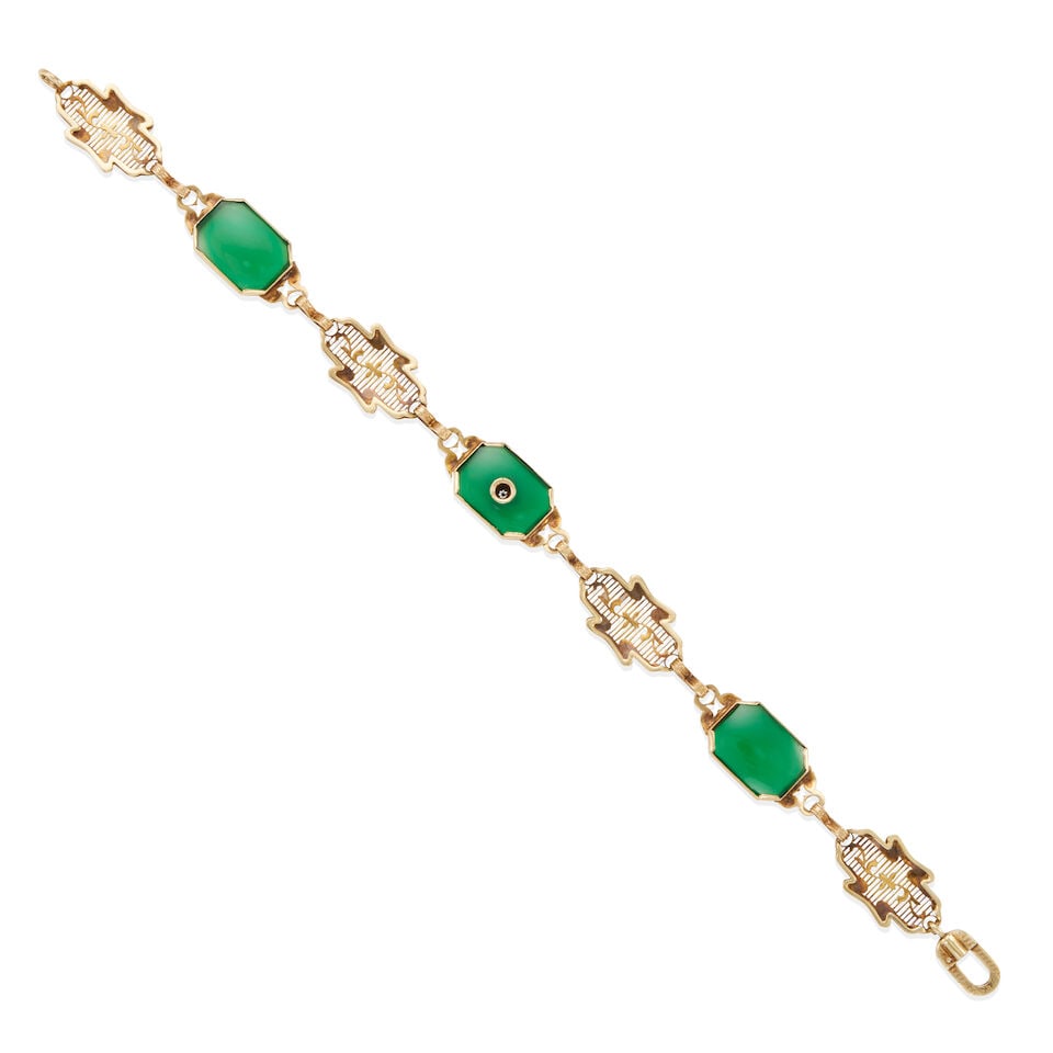 LATE ART DECO GOLD, DIAMOND AND CHALCEDONY BRACELET - 2