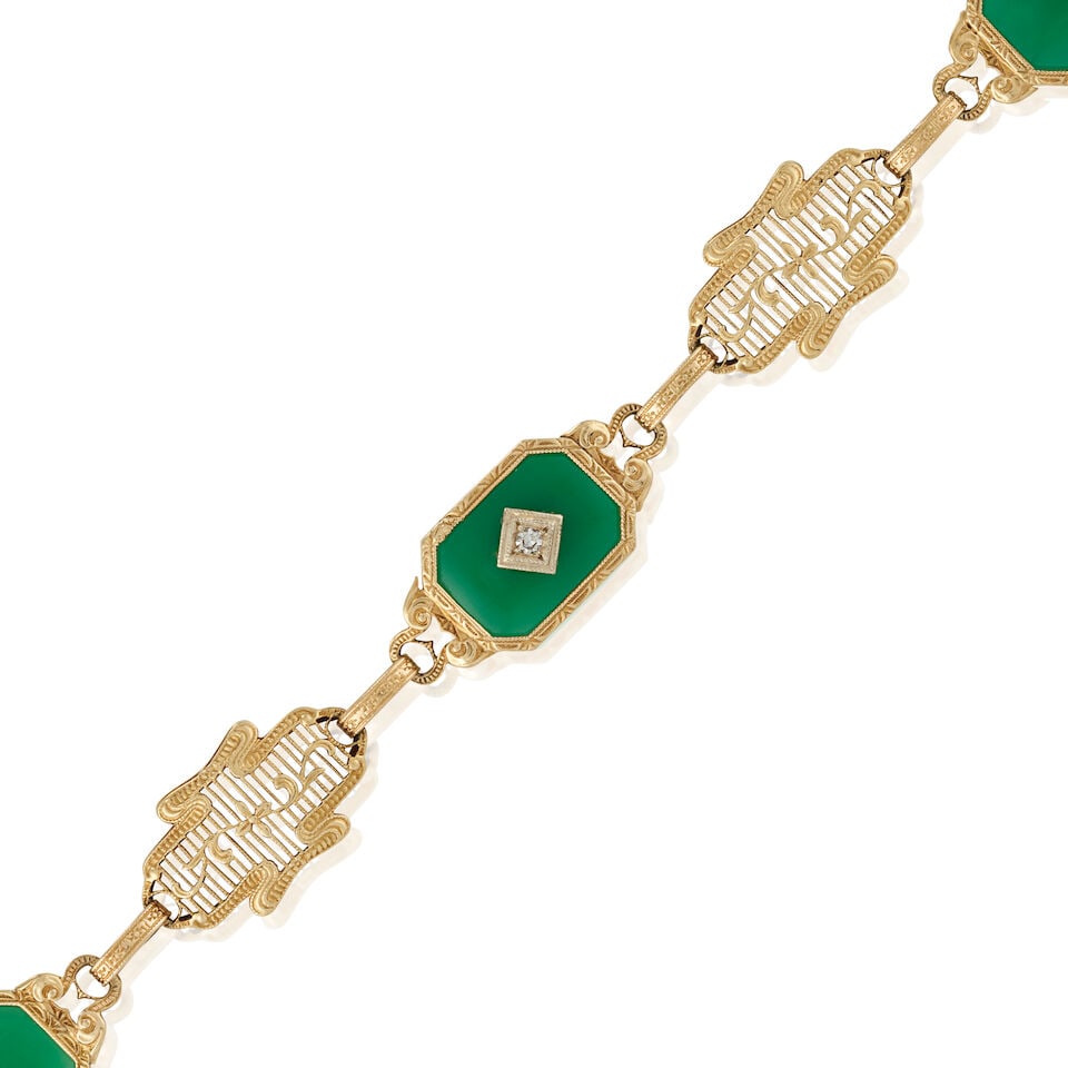 LATE ART DECO GOLD, DIAMOND AND CHALCEDONY BRACELET - 3