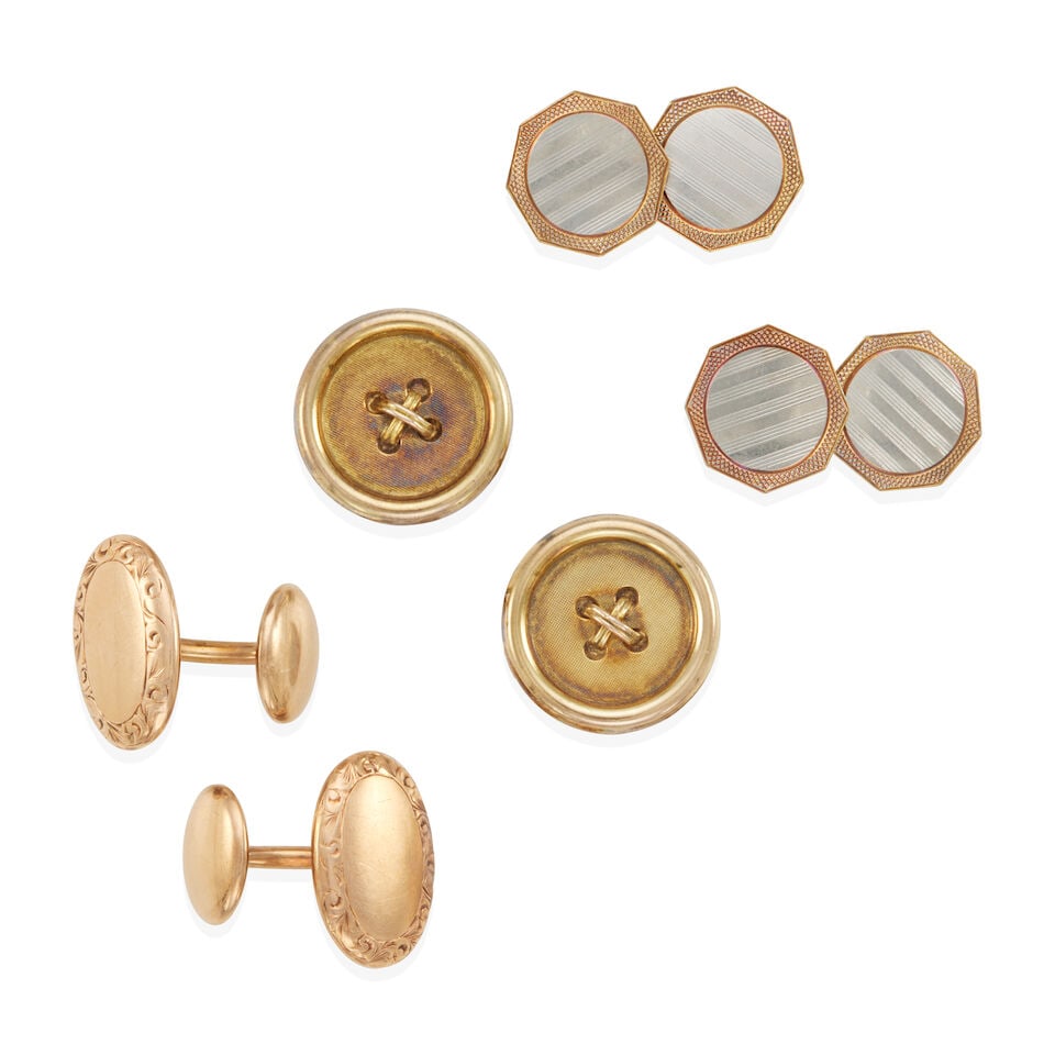 THREE PAIRS OF VINTAGE 14K BICOLOR GOLD AND GOLD CUFFLINKS: THREE PAIRS OF VINTAGE 14K BICOLOR GOLD AND GOLD CUFFLINKS •14k white and yellow gold octagonal shape cufflinks, diameter: 9/16 in •14k yellow gold oval shape cufflinks, dimensions: ¾