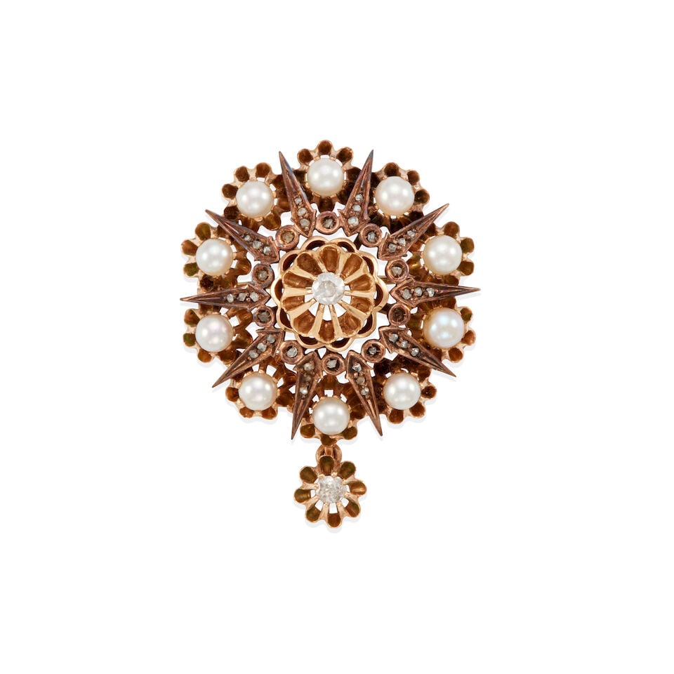 ANTIQUE 14K GOLD, PEARL AND DIAMOND BROOCH: ANTIQUE 14K GOLD, PEARL AND DIAMOND BROOCH • 14k yellow gold • 10 spherical half-drilled pearls measuring approximately 3.50 mm to 4.20 mm each • Numerous round and round rose