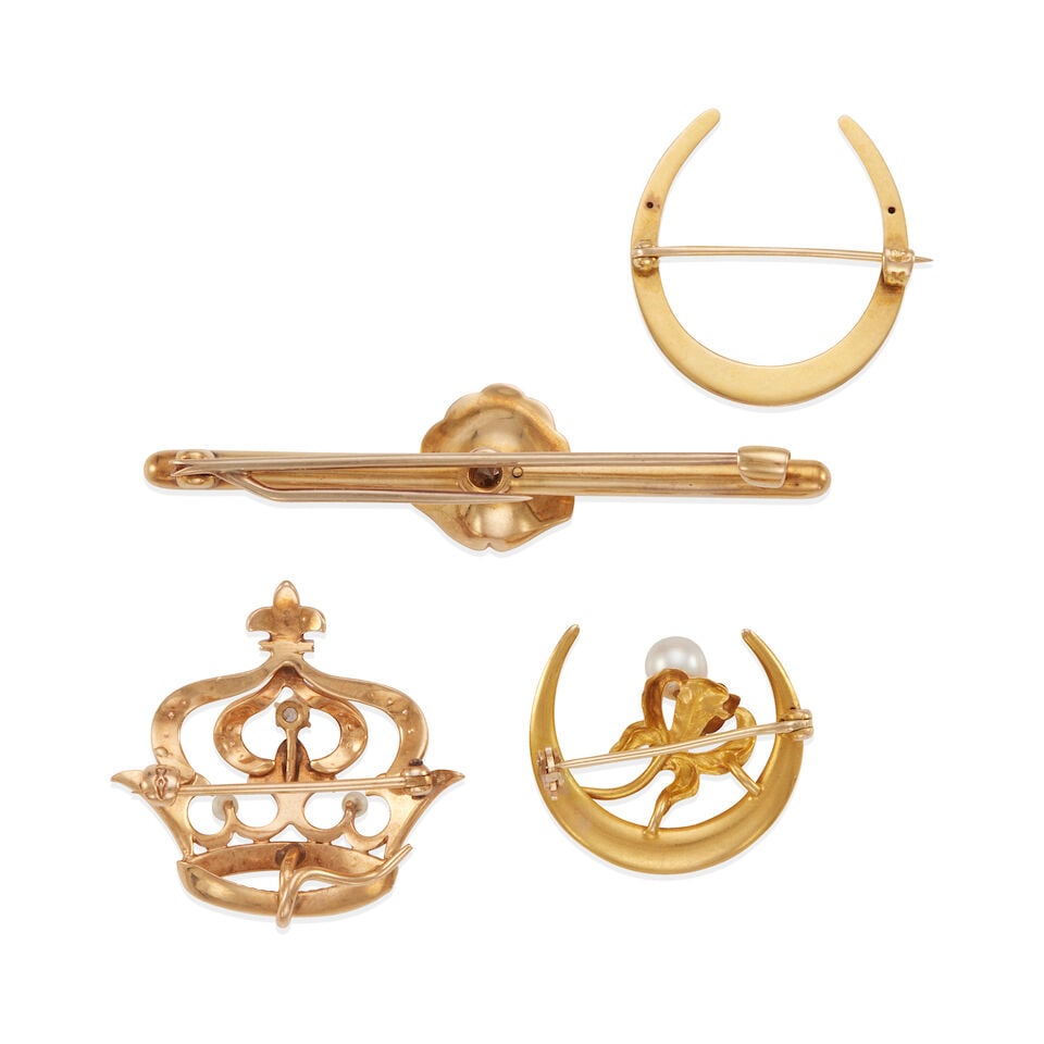 FOUR ANTIQUE GOLD, BICOLOR GOLD, ENAMEL, DIAMOND, PEARL, AND TURQUOISE BROOCHES - 2