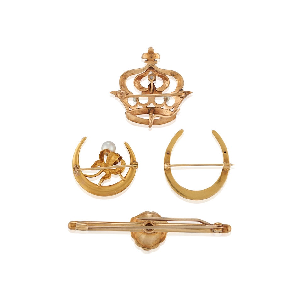 FOUR ANTIQUE GOLD, BICOLOR GOLD, ENAMEL, DIAMOND, PEARL, AND TURQUOISE BROOCHES - 3