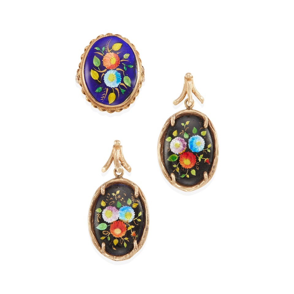 VINTAGE 14K GOLD AND ENAMEL SET: VINTAGE 14K GOLD AND ENAMEL SET • 14k yellow gold ring with one oval floral enameled plaque measuring approximately 18.55 x 13.70 x 1.50 mm, size: 7 ¼ • Pair of 14k yellow gold drop e