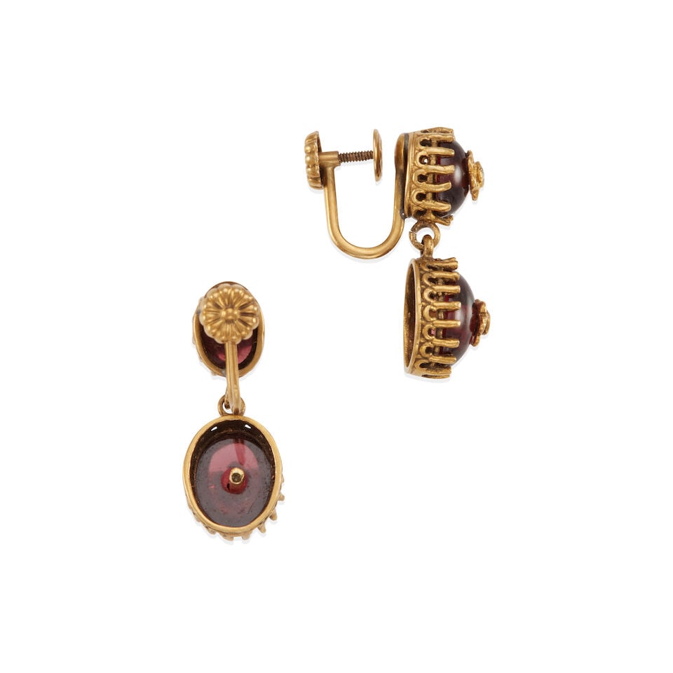 PAIR OF ANTIQUE 14K GOLD, GARNET AND DIAMOND EARCLIPS - 2