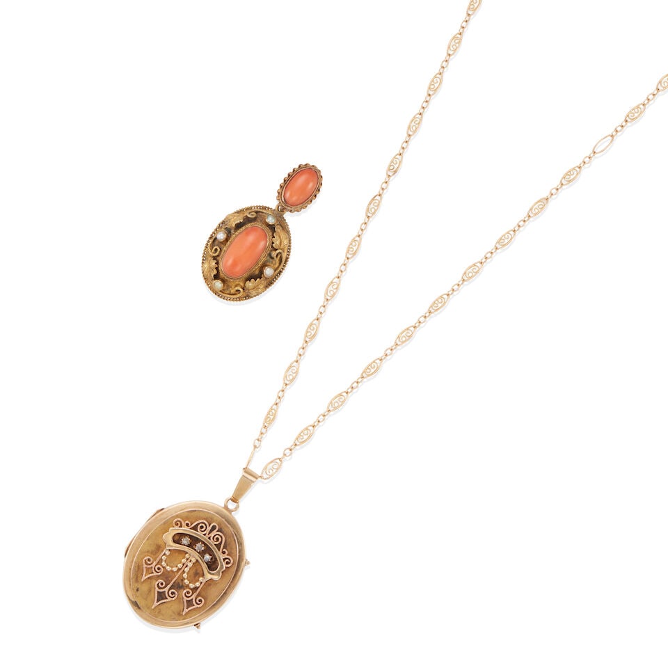 TWO ANTIQUE GOLD, DIAMOND, CORAL, AND PEARL PENDANTS AND CHAIN - 2
