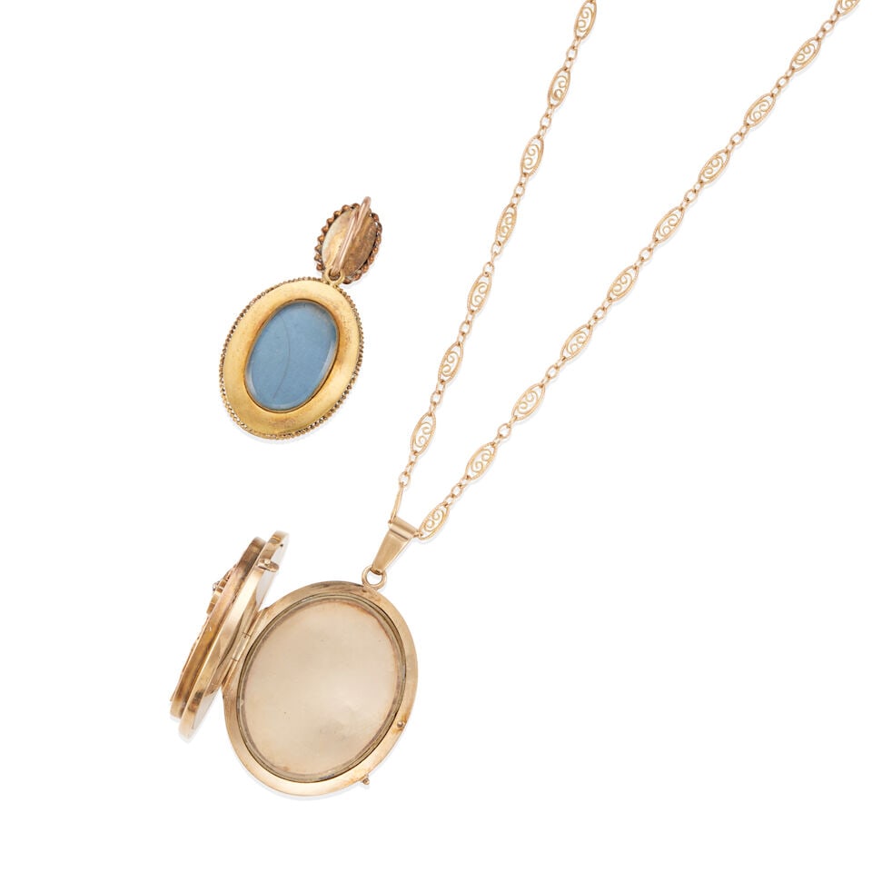 TWO ANTIQUE GOLD, DIAMOND, CORAL, AND PEARL PENDANTS AND CHAIN - 3