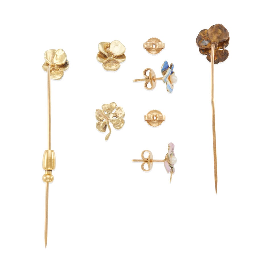 GROUP OF ART NOUVEAU GOLD, CULTURED PEARL, DIAMOND, AND ENAMEL FLOWER JEWELRY - 2