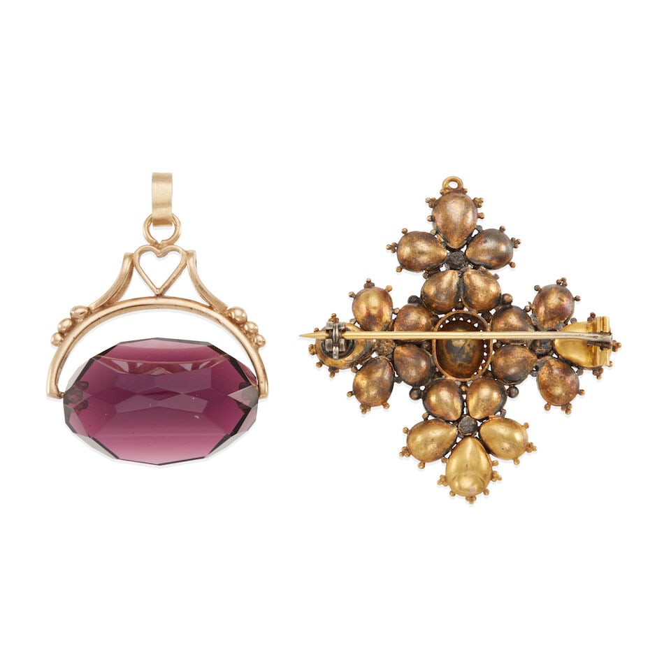 ANTIQUE GOLD AND GARNET BROOCH AND FOB - 2