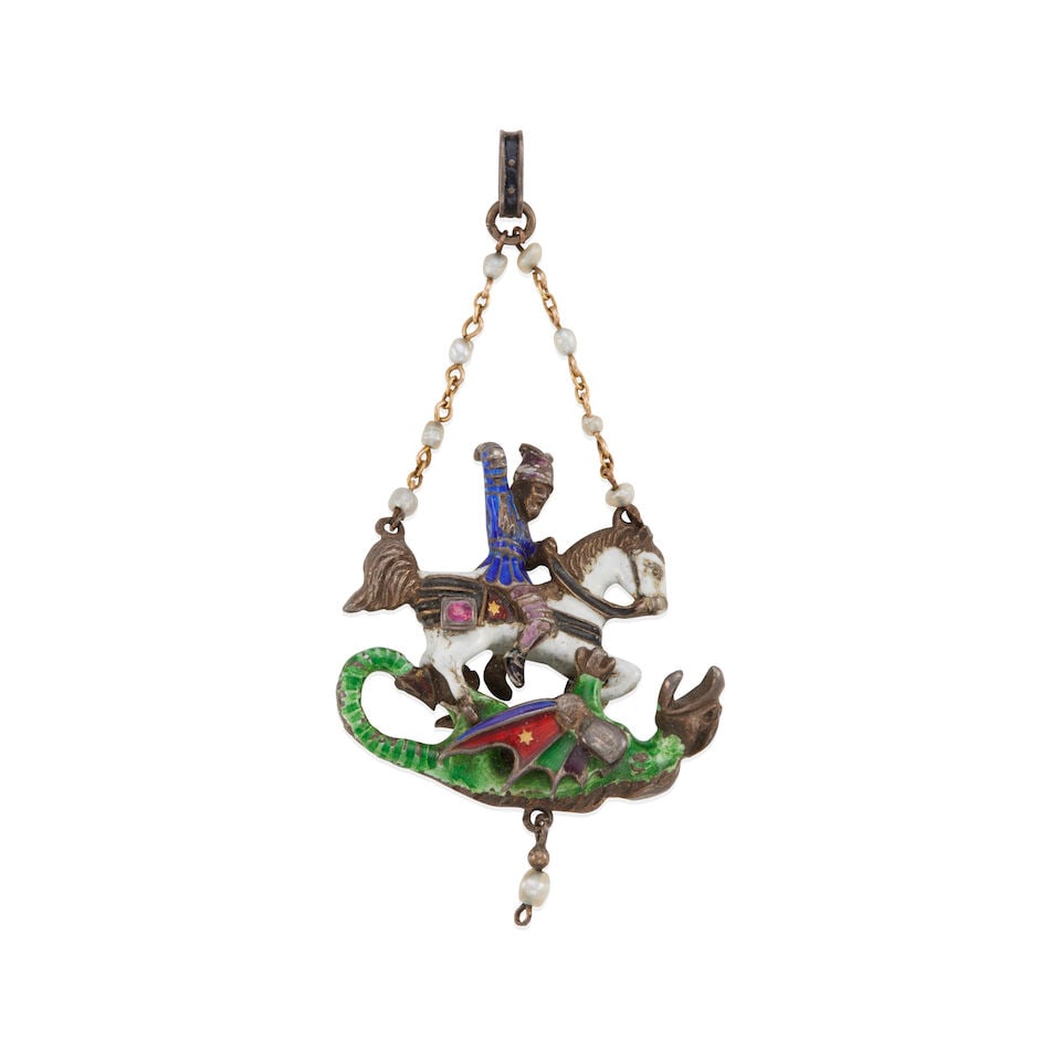 ANTIQUE SILVER AND ENAMEL 'SAINT GEORGE AND THE DRAGON' PENDANT: ANTIQUE SILVER AND ENAMEL 'SAINT GEORGE AND THE DRAGON' PENDANT · Silver · Numerous baroque cultured pearl beads · 1 cushion-shaped ruby · Measures 3 x 1 7/16 in. · Estimated