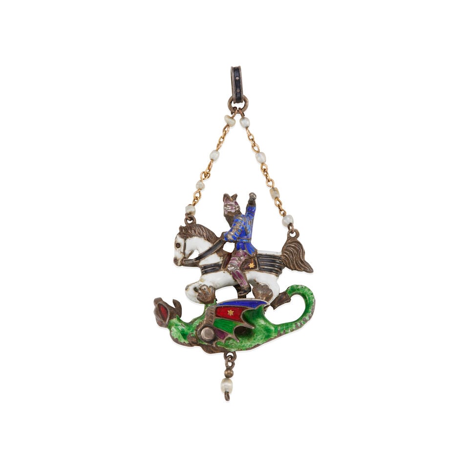 ANTIQUE SILVER AND ENAMEL 'SAINT GEORGE AND THE DRAGON' PENDANT - 2