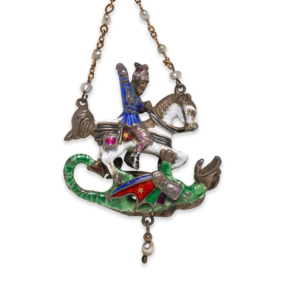 ANTIQUE SILVER AND ENAMEL 'SAINT GEORGE AND THE DRAGON' PENDANT - 3