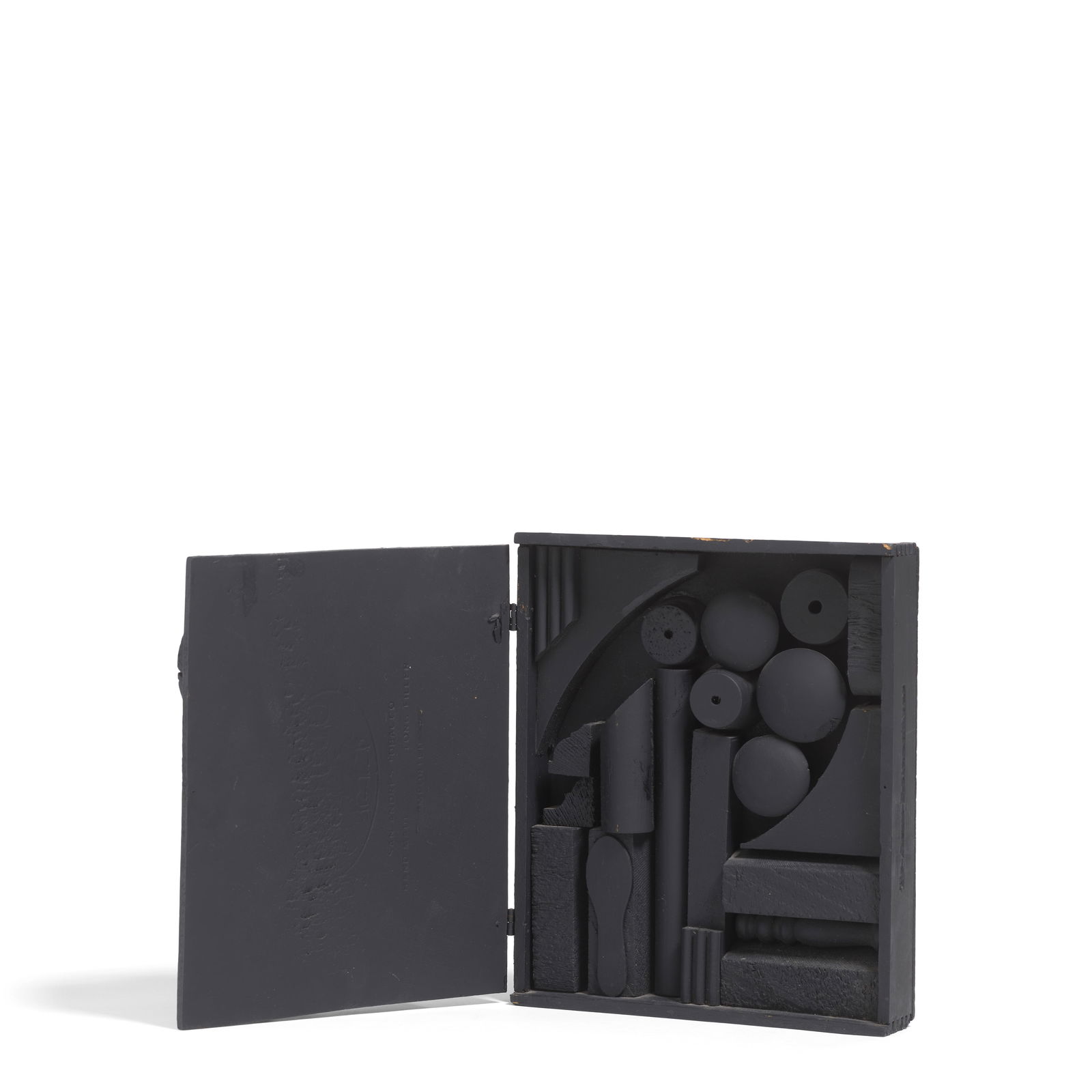 Louise Nevelson (1899-1988) Black Cryptic XII, 1984 8 3/4 x 7 1/4 x 2 3/4 in (22.2 x 18.4 x 7 cm): Louise Nevelson (1899-1988)Black Cryptic XII, 1984 painted wooden box8 3/4 x 7 1/4 x 2 3/4 in (22.2 x 18.4 x 7 cm)Footnotes:ProvenanceThe Pace Gallery, New York;Acquired from the above by the present