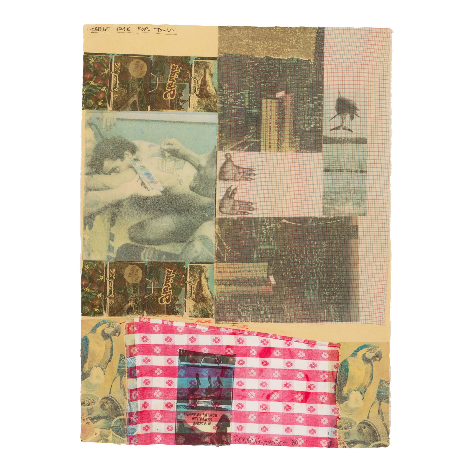 Robert Rauschenberg (1925-2008) Table Talk for Tomlin, 1980 23 x 31 in (58.4 x 78.7 cm) (Execute...: Robert Rauschenberg (1925-2008) Table Talk for Tomlin, 1980 titled 'TABLE TALK FOR TOMLIN' (upper left) and signed and dated 'RAUSCHENBERG 80' (lower center); inscribed '81. D 30' (on the reverse) sol