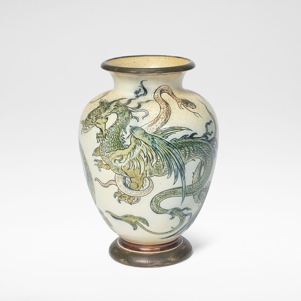 Martin Brothers Vase, 1896: Martin Brothers Vase, 1896 Glazed stoneware, of baluster form with incised and painted decoration of dragons and serpents. 21.5 cm high, 14 cm diameter Incised and dated to the base 10-1896 / Martin B