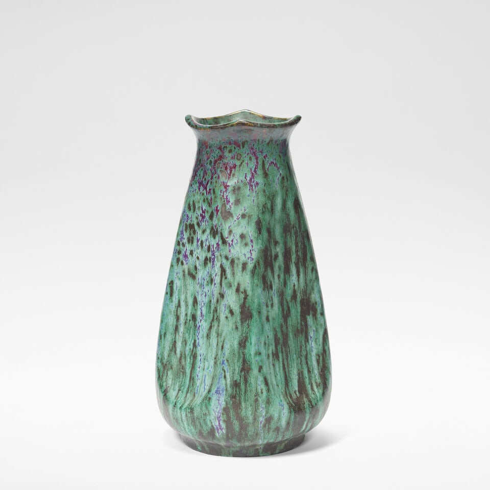 Pierre-Adrien Dalpayrat Vase, circa 1905: Pierre-Adrien Dalpayrat Vase, circa 1905 Flambé glazed stoneware, of square tapering form. 31 cm high, 16 cm square Impressed facsimile signature Dalpayrat, numbered 88 and impressed with