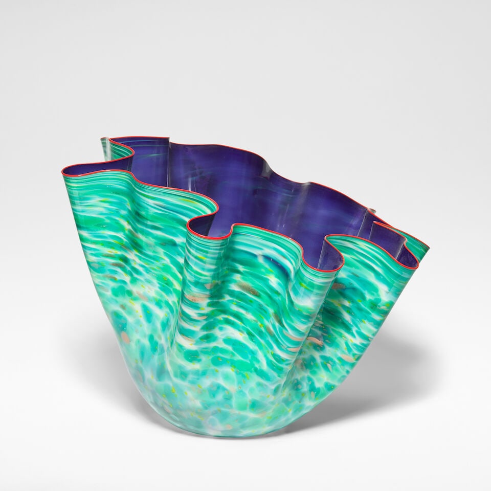 Dale Chihuly Comet Blue Macchia, 2000: Dale Chihuly Comet Blue Macchia, 2000 Handblown glass, with Carmine lip wrap. 48 cm high, 62 cm wide, 60.5 cm deep Incised Chihuly and dated 2000 to the base. Footnotes: Provenance Halcyon Gallery, Lo