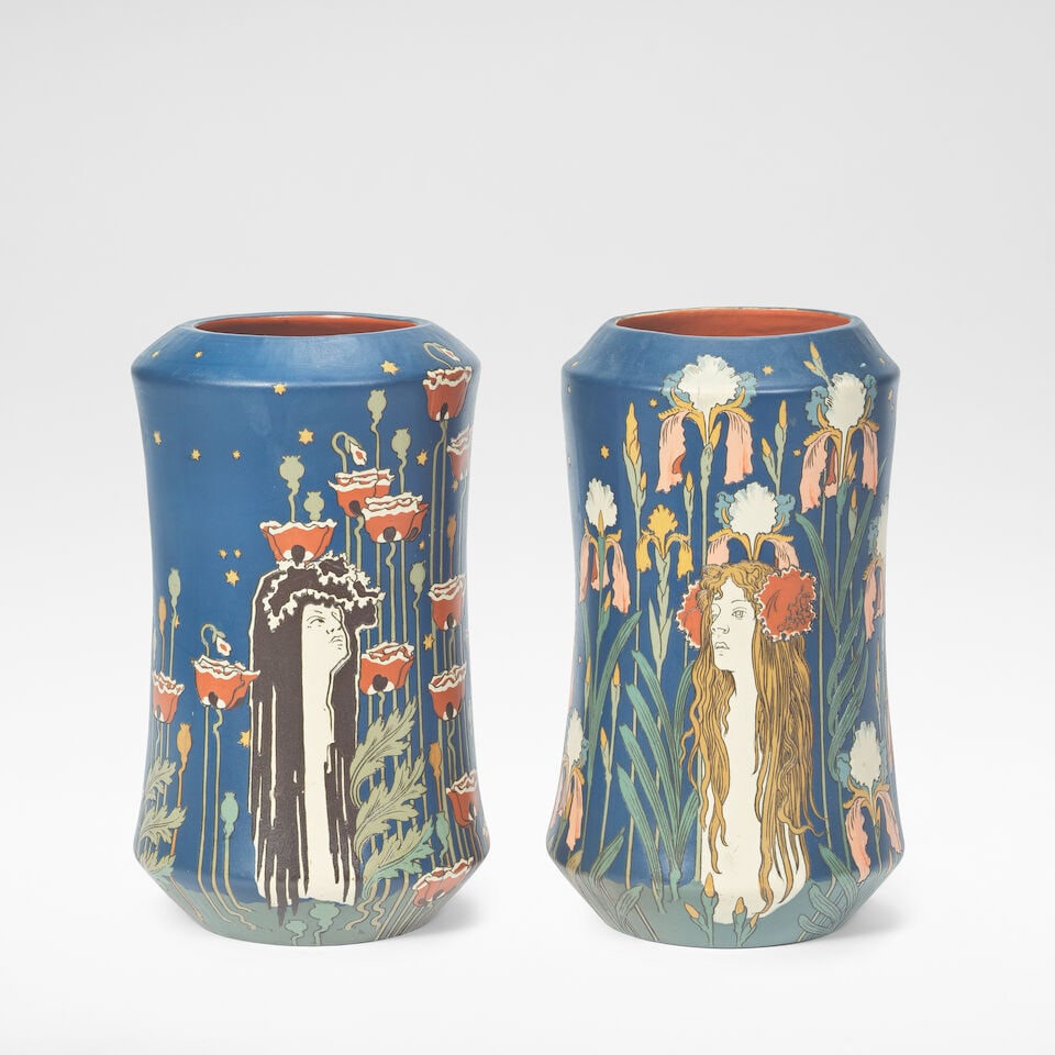 Hans Christiansen for Villeroy and Boch 'Der Tag' and 'Der Nacht', pair of vases, circa 1898: Hans Christiansen for Villeroy and Boch 'Der Tag' and 'Der Nacht', pair of vases, circa 1898 Stoneware, each of waisted cylindrical form, with incised decoration of a stylised maiden among flowers in