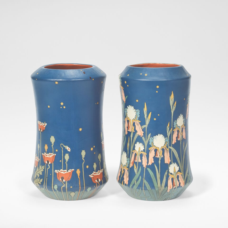 Hans Christiansen for Villeroy and Boch 'Der Tag' and 'Der Nacht', pair of vases, circa 1898 - 2