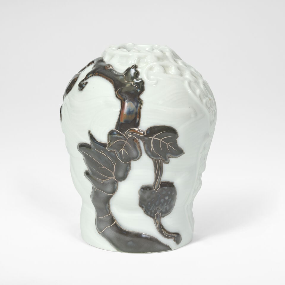 Jo Hahn Locher for Bing & Grondahl Vase, circa 1915: Jo Hahn Locher for Bing & Grondahl Vase, circa 1915 Porcelain, decorated in high relief with motifs of sea weed, partially decorated in a black crystalline glaze accented with silver inlays. 14 cm