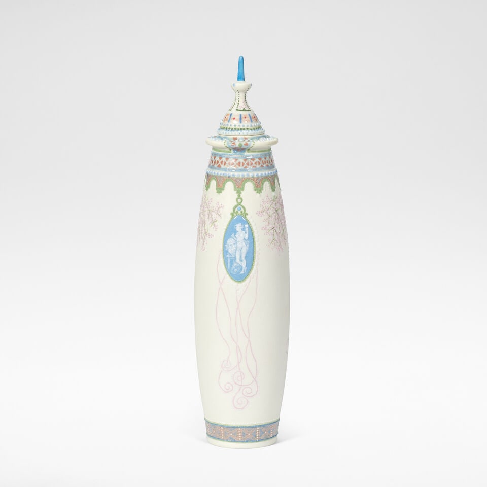 Taxile Doat for Sèvres Vase and cover, 1926: Taxile Doat for Sèvres Vase and cover, 1926 Glazed and enamelled porcelain, of ovoid form, decorated with three pâte-sur-pâte medallions depicting drama, painting and sculpture. 29 cm