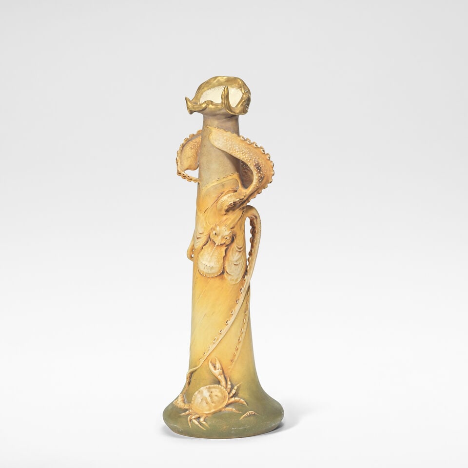 Eduard Stellmacher for Amphora Vase, circa 1900: Eduard Stellmacher for Amphora Vase, circa 1900 Glazed earthenware, modelled in high relief with an octopus and a crab, with gild detailing. 52 cm high, 17 cm diameter For further information on this