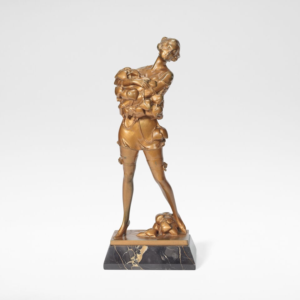 Bruno Zach Female figure with hearts, circa 1925: Bruno Zach Female figure with hearts, circa 1925 Cold painted bronze, on a Portoro marble base. 38.5 cm high, 15.5 cm wide, 10 cm deep. Signed to the base Bruno Zach This lot is subject to the