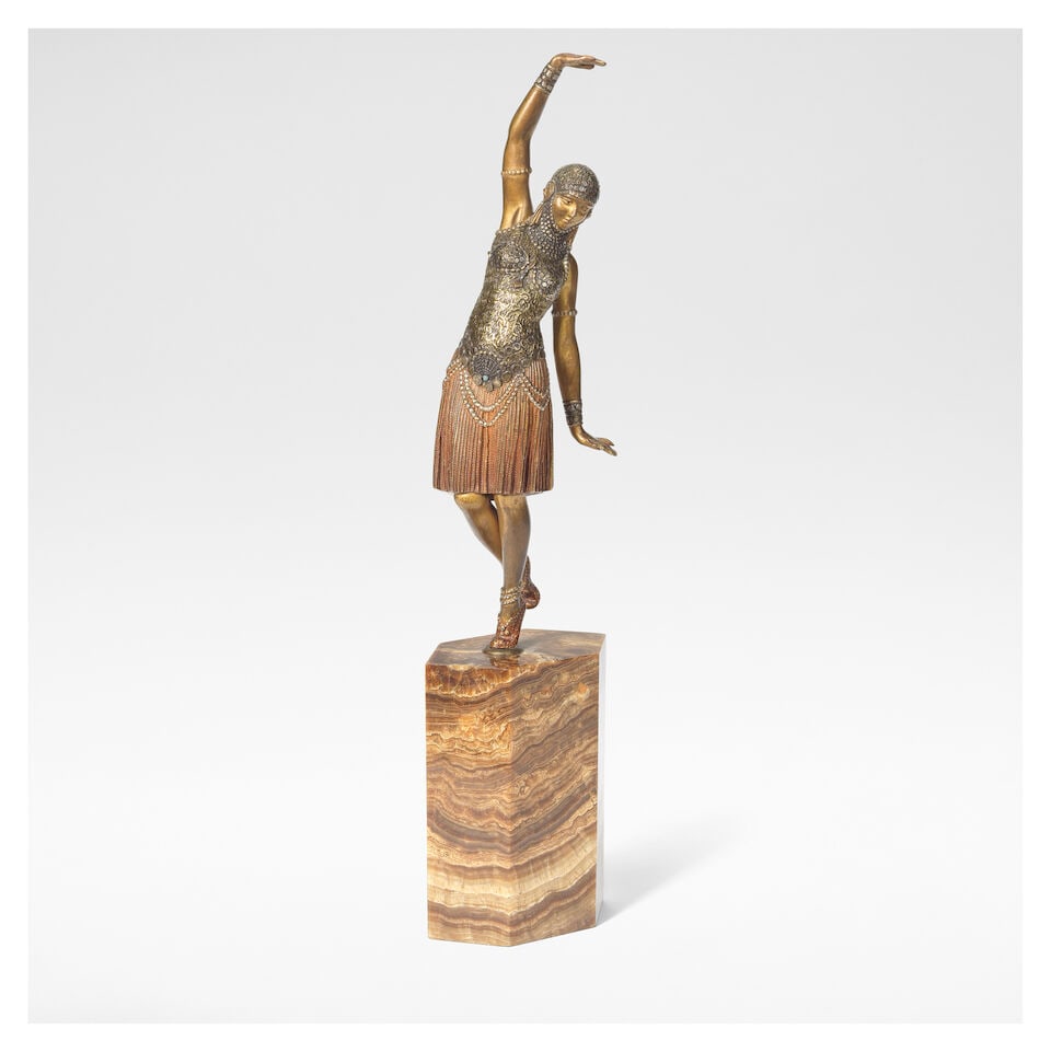 Demétre Chiparus 'Dancer of Lebanon', circa 1925: Demétre Chiparus 'Dancer of Lebanon', circa 1925 Gilt bronze, with partial cold painted decoration. 38 cm high, 9.5 cm wide, 5.5 cm Signed to the base Chiparus, and impressed under the left foot 