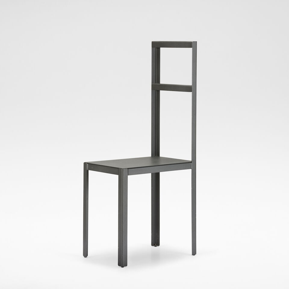 Robert Wilson 'Hamletmachine Chair', XO edition, 1987: Robert Wilson 'Hamletmachine Chair', XO edition, 1987 Lacquered sheet steel. 98.2 cm high, 28.7 cm wide, 43.5 cm deep Manufactured by XO, Paris, France. Underside stamped R WILSON