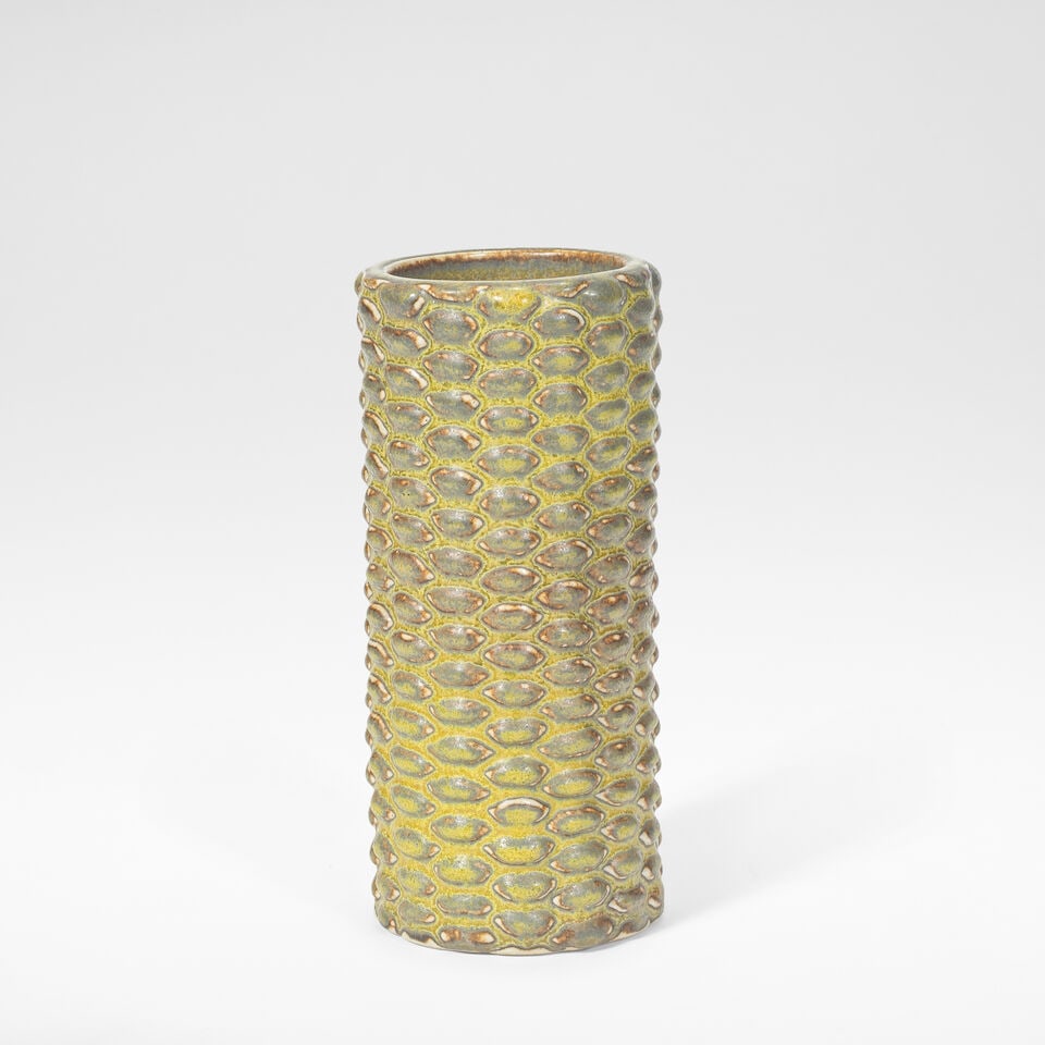 Axel Salto Vase, model no 20670, designed 1944, executed 1968: Axel Salto Vase, model no 20670, designed 1944, executed 1968 Stoneware, decorated in Solfatara glaze. 20.5 cm high, 9.5 cm diameter Incised to the base SALTO, with green underglaze Royal Copenhagen f