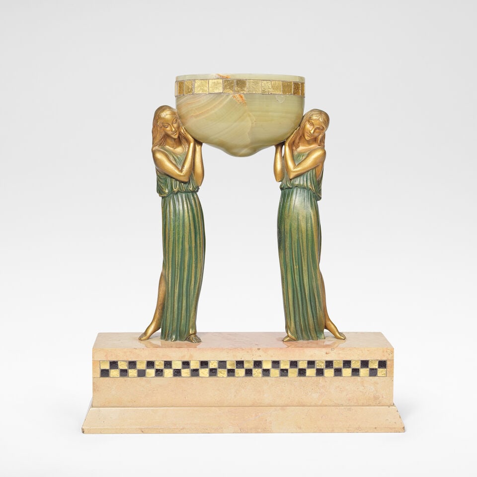Pierre Le Faguays 'Les Porteuses D'eau', figural lamp, circa 1925: Pierre Le Faguays 'Les Porteuses D'eau', figural lamp, circa 1925 Gilt and cold painted bronze, alabaster with gilt glass tesserae, modelled as two women holding a water vessel aloft, on a pink marble