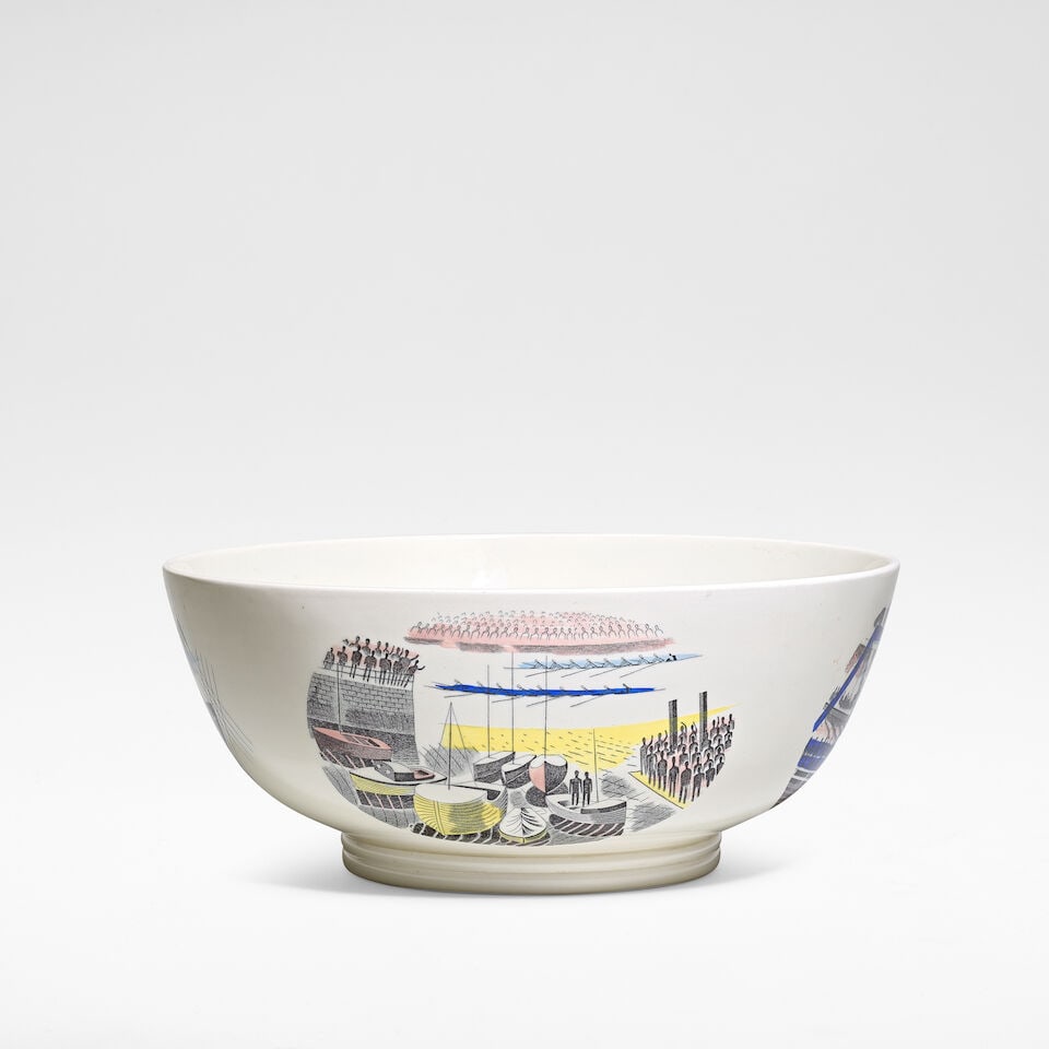 Eric Ravilious 'The Boat Race Bowl', circa 1938: Eric Ravilious 'The Boat Race Bowl', circa 1938 Glazed earthenware, the exterior with three panels depicting three stages of a boat race, with a fourth panel with a mermaid over a crossed pair of