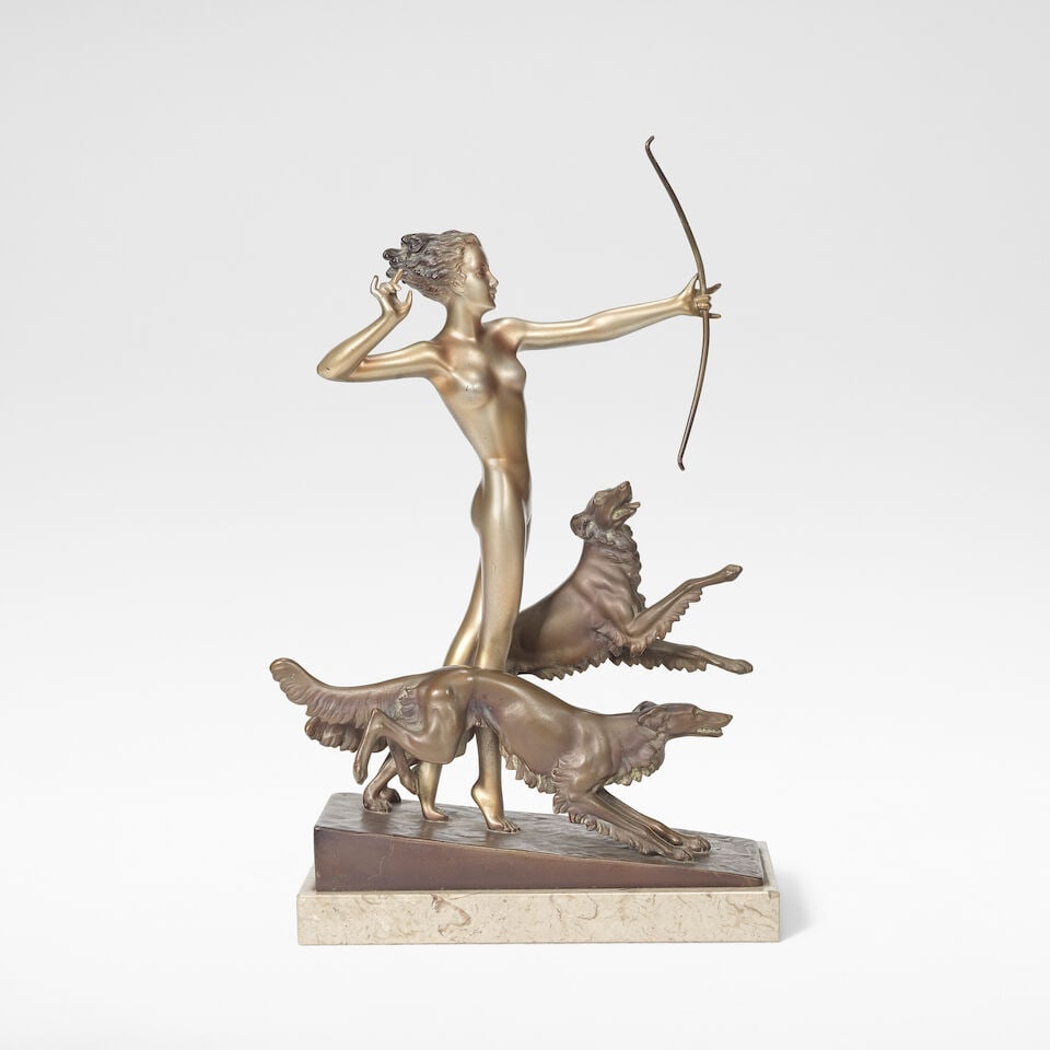 Josef Lorenzl 'Diana', circa 1925: Josef Lorenzl 'Diana', circa 1925 Silvered and cold painted bronze. 45 cm high 13.5 cm wide, 28 cm deep Incised to the base Lorenzl. Footnotes: Literature Brian Catley, Art Deco and other Figures, sec