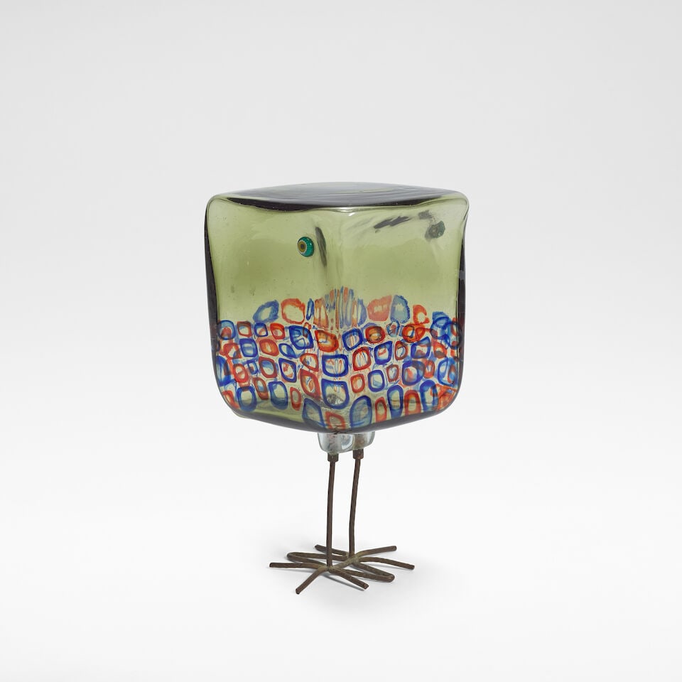 Alessandro Pianon 'Pulcino', bird sculpture, model no. S191, circa 1963: Alessandro Pianon 'Pulcino', bird sculpture, model no. S191, circa 1963 Hand blown and formed glass, with applied murrine, raised on copper supports. 21 cm high, 10 cm wide, 11.5 cm deep Produced by V