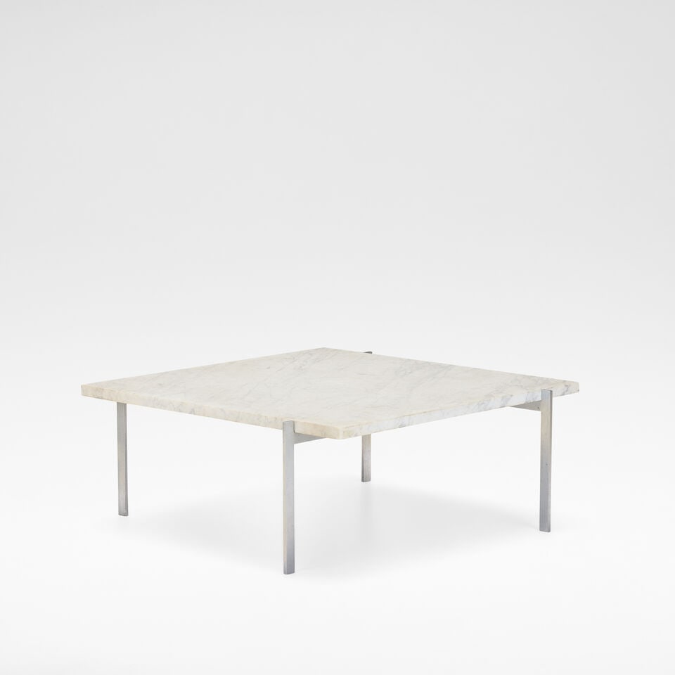 Poul Kjærholm 'PK-61' coffee table, designed 1956: Poul Kjærholm 'PK-61' coffee table, designed 1956 Matte chrome-plated steel, marble. 32.5 cm high, 85 cm square Impressed with manufacturer's mark to the base. Manufactured by E. Kold