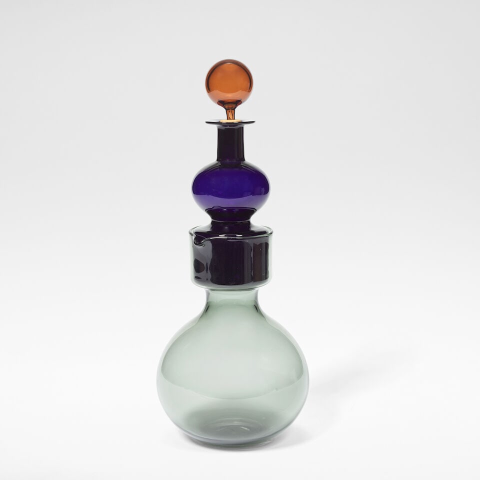 Kaj Franck 'Kremlin Kellots' or 'Kremlin Bells' decanter, model no. KF 503, designed 1957, produ...: Kaj Franck 'Kremlin Kellots' or 'Kremlin Bells' decanter, model no. KF 503, designed 1957, produced 1964 Mould-blown smokey grey and dark blue coloured glass, free-blown amber coloured glass stopper w