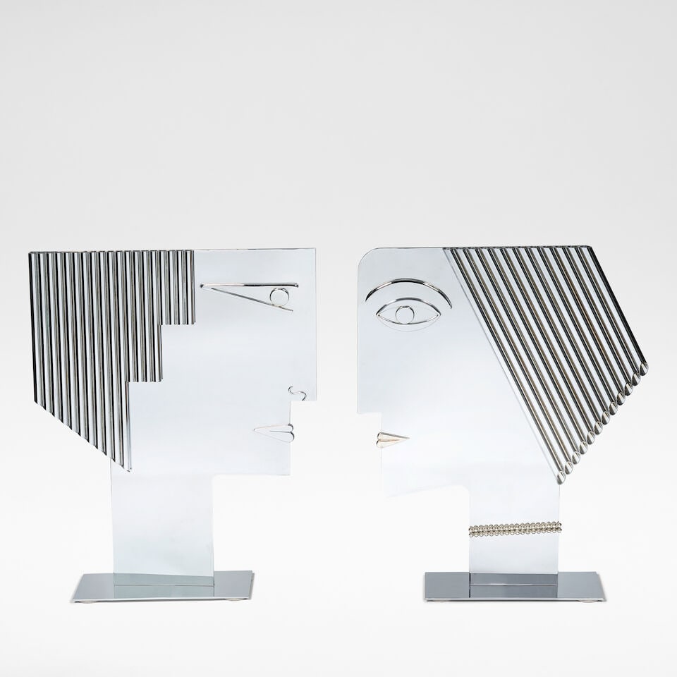 Franz Hagenauer Pair of heads, 1970s: Franz Hagenauer Pair of heads, 1970s Nickel plated brass, modelled as a male and female example, each with tubular and beaded detailing Each: 53 cm high, 42 cm wide, 10.3 cm. Stamped to the