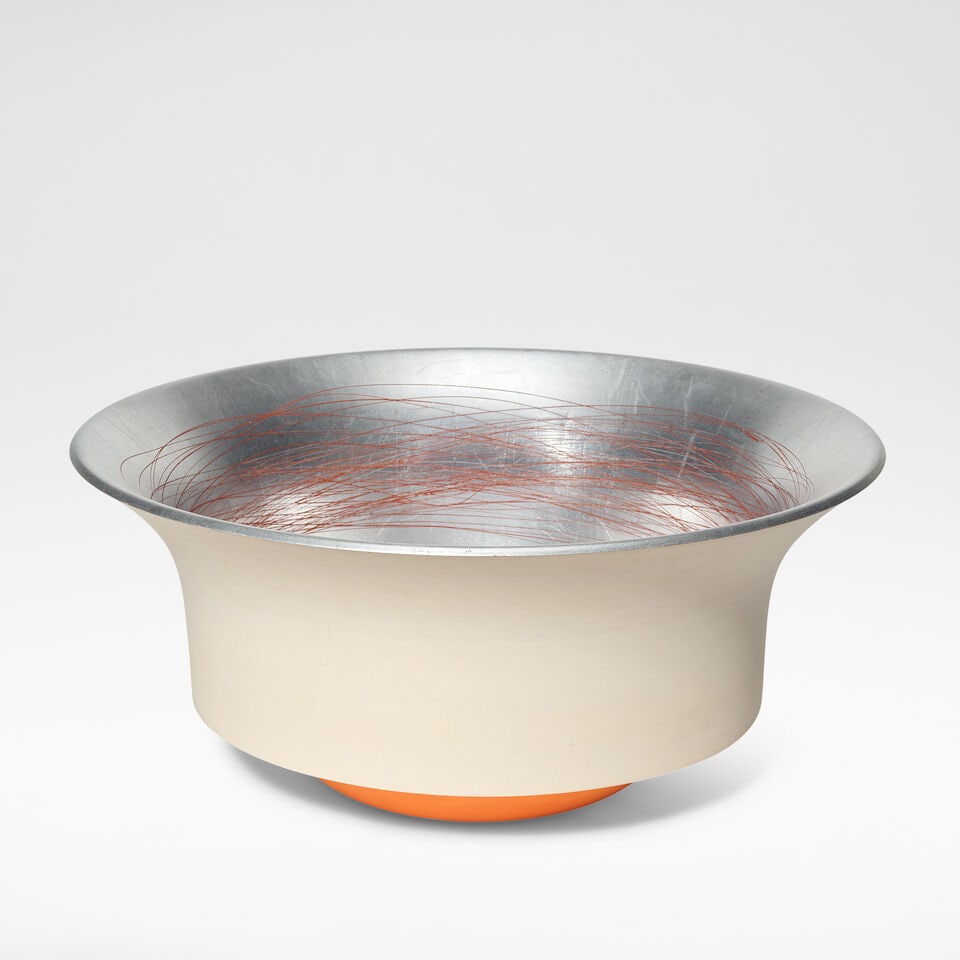Martin Smith 'Cord and Discord No 6', 2007: Martin Smith 'Cord and Discord No 6', 2007 White earthenware, aluminium leaf with red sgraffito irregular banding to interior, unglazed exterior sides and ochre glaze to underside. The well with