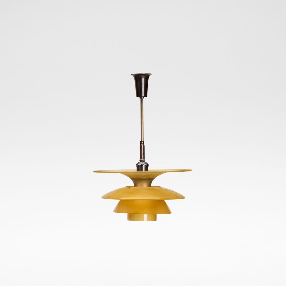 Poul Henningsen for Louis Poulsen 'PH-4/4.5/4' or 'The Four Shade Lamp', pendant lamp, circa 1935: Poul Henningsen for Louis Poulsen 'PH-4/4.5/4' or 'The Four Shade Lamp', pendant lamp, circa 1935 Patinated brass, yellow frosted glass and Bakelite. 70.5 cm high (max), 43 cm diameter With a further