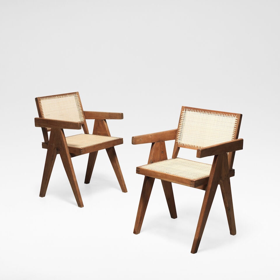 Pierre Jeanneret Pair of 'office cane' armchairs, model no. PJ-SI-28-B, 1955-1956: Pierre Jeanneret Pair of 'office cane' armchairs, model no. PJ-SI-28-B, 1955-1956 Teak, cane. Each: 80 cm high, 55 cm wide, 51 cm deep One marked H.C.B.94. Designed for the administrative buildings,