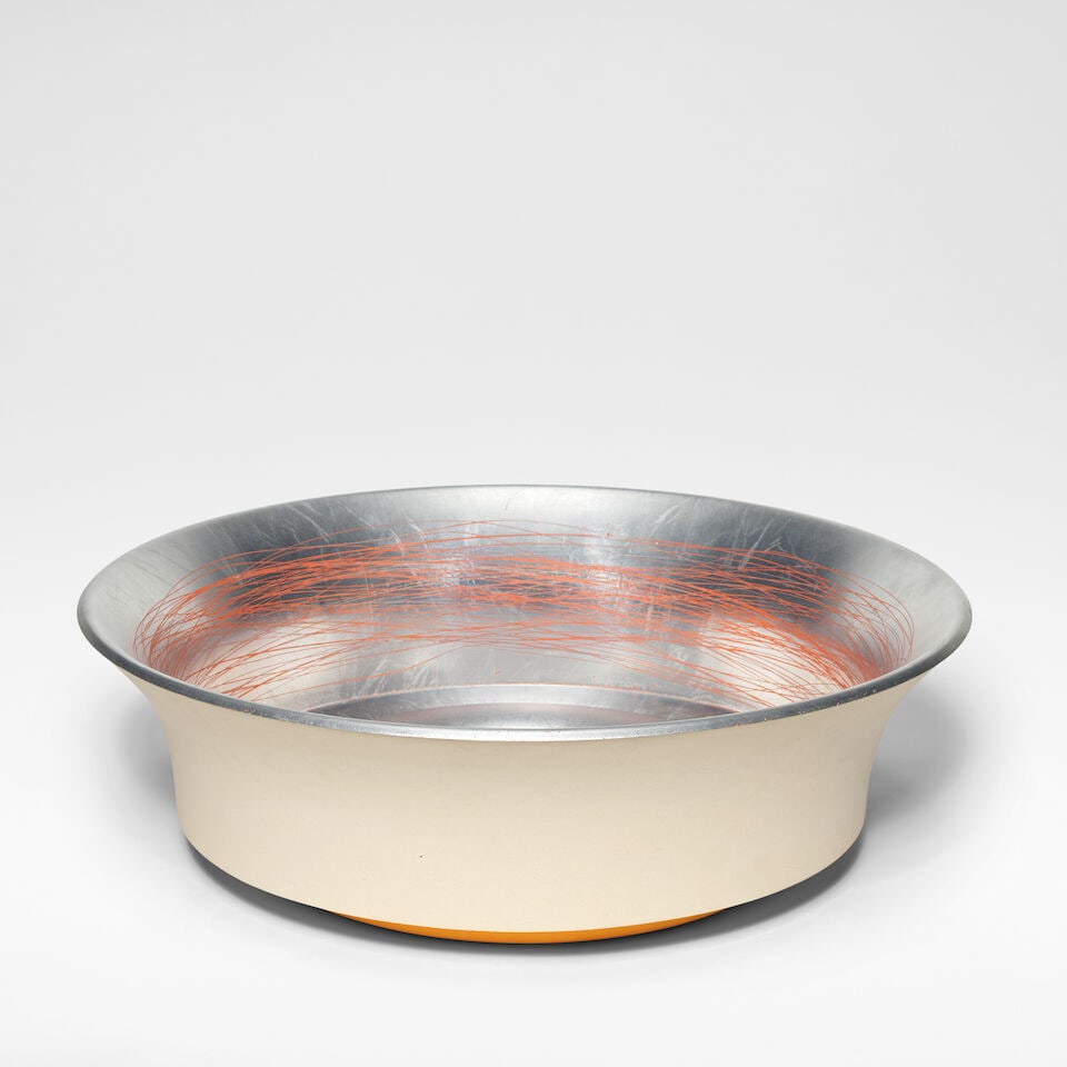 Martin Smith 'Cord and Discord No 5', 2007: Martin Smith 'Cord and Discord No 5', 2007 White earthenware, aluminium leaf with red sgraffito irregular banding to interior, unglazed exterior sides and ochre glaze to underside. The well with