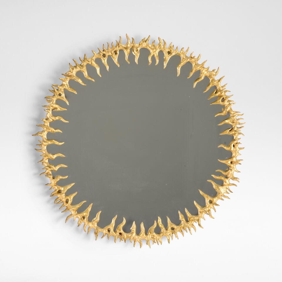 Oriel Harwood Unique mirror, 1999: Oriel Harwood Unique mirror, 1999 Mirrored glass, gilt wood frame with sculptural flame design. 106 cm diameter, 8 cm deep Footnotes: Provenance Commissioned directly from the artist by the present ow