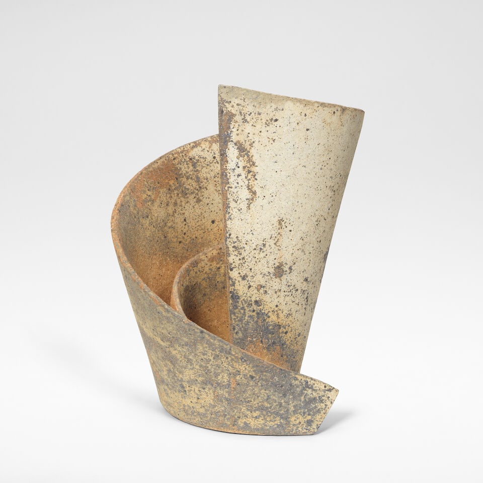 Ken Mihara 'Kei (Mindscape)', Heisei era (1989-2019), 2017: Ken Mihara 'Kei (Mindscape)', Heisei era (1989-2019), 2017 Multi-fired stoneware, curved and flared form. 46 cm high, 36 cm wide, 34 cm deep Interior impressed with artist's seal. Together with