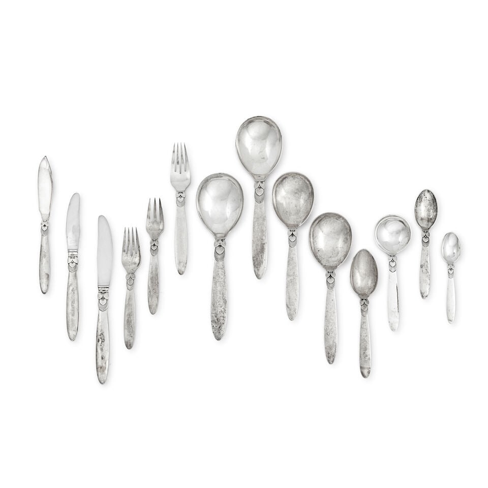 GEORG JENSEN: a Danish silver Cactus pattern table service of flatware and cutlery post 1945 mar...: GEORG JENSEN: a Danish silver Cactus pattern table service of flatware and cutlery post 1945 marks, also stamped STERLING DENMARK, with import marks for Georg Jensen Ltd, London 1962 - 1967 Placings f