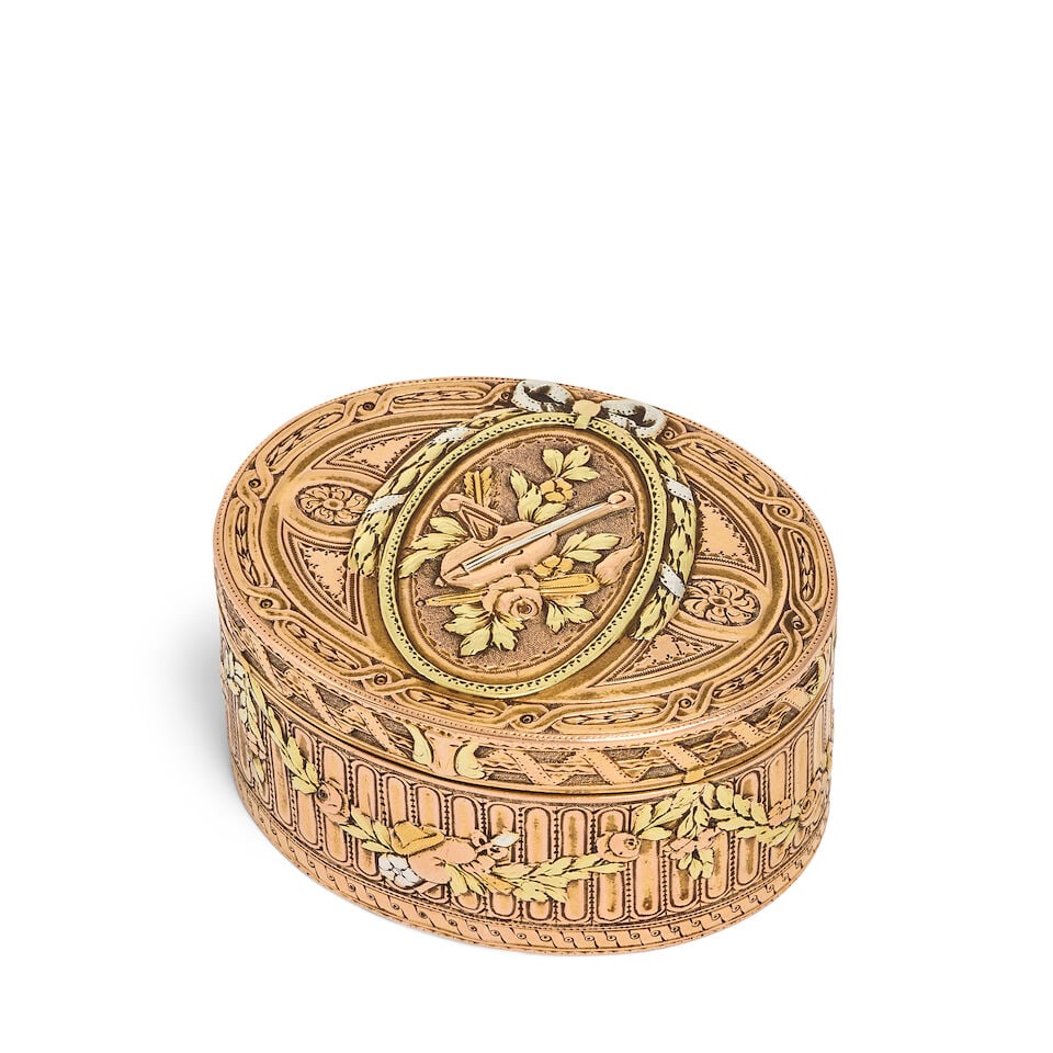 A Louis XV vari-coloured gold snuff box Nicolas Marguerit, Paris 1765, with French eagle head co... (1 of 3)