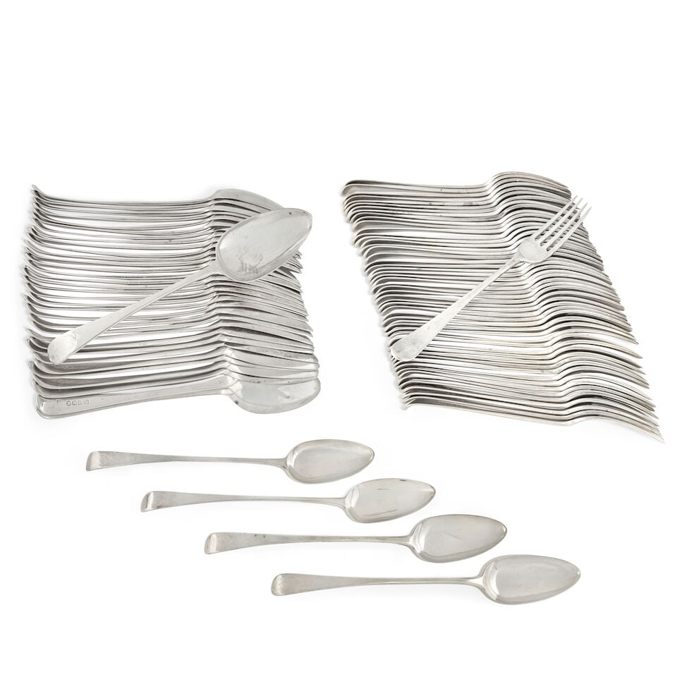 An extensive George III silver Old English pattern flatware service consisting of table forks an... (1 of 1)