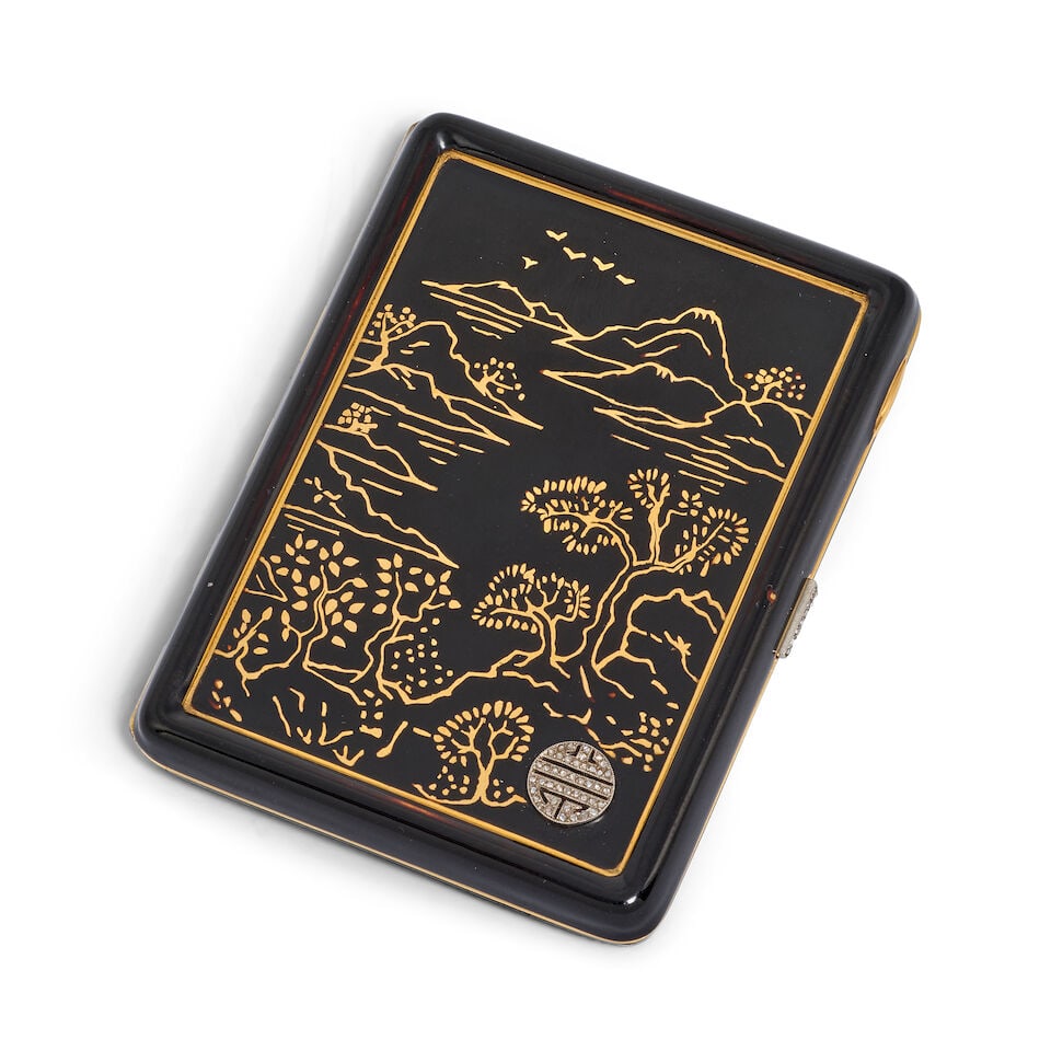 A French Art Deco gold, enamel and gem set cigarette case makers mark indistinct, with indistinc...: A French Art Deco gold, enamel and gem set cigarette case makers mark indistinct, with indistinct French standard gold mark import marks for possibly GF, London 1924, stamped 18 and .75 Rectangular, t